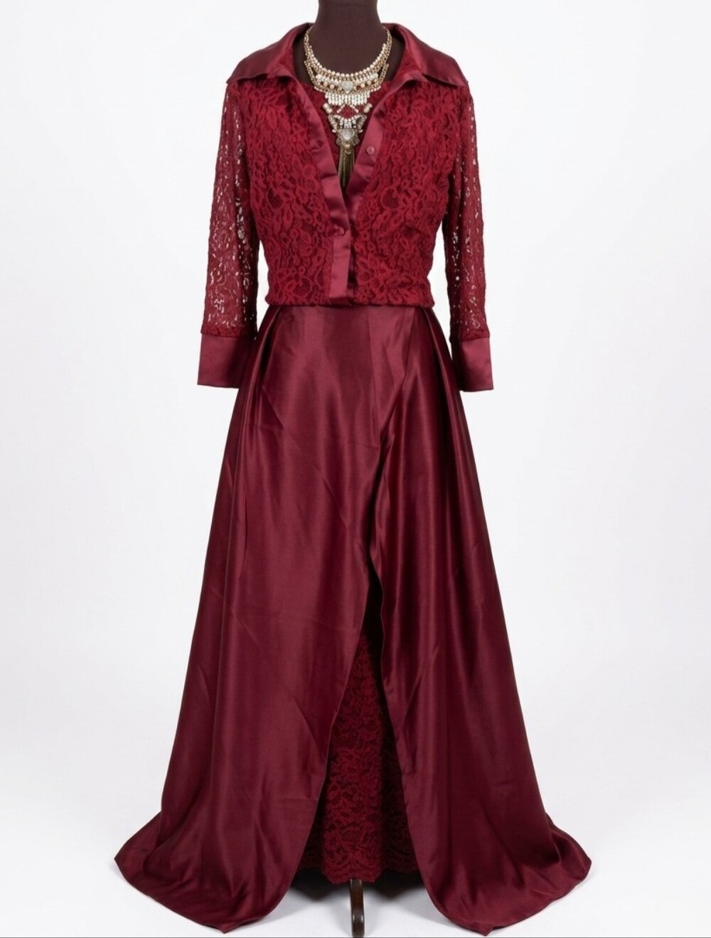 New Sz XL 3 Piece Burgundy Lace & Satin  Evening Gown